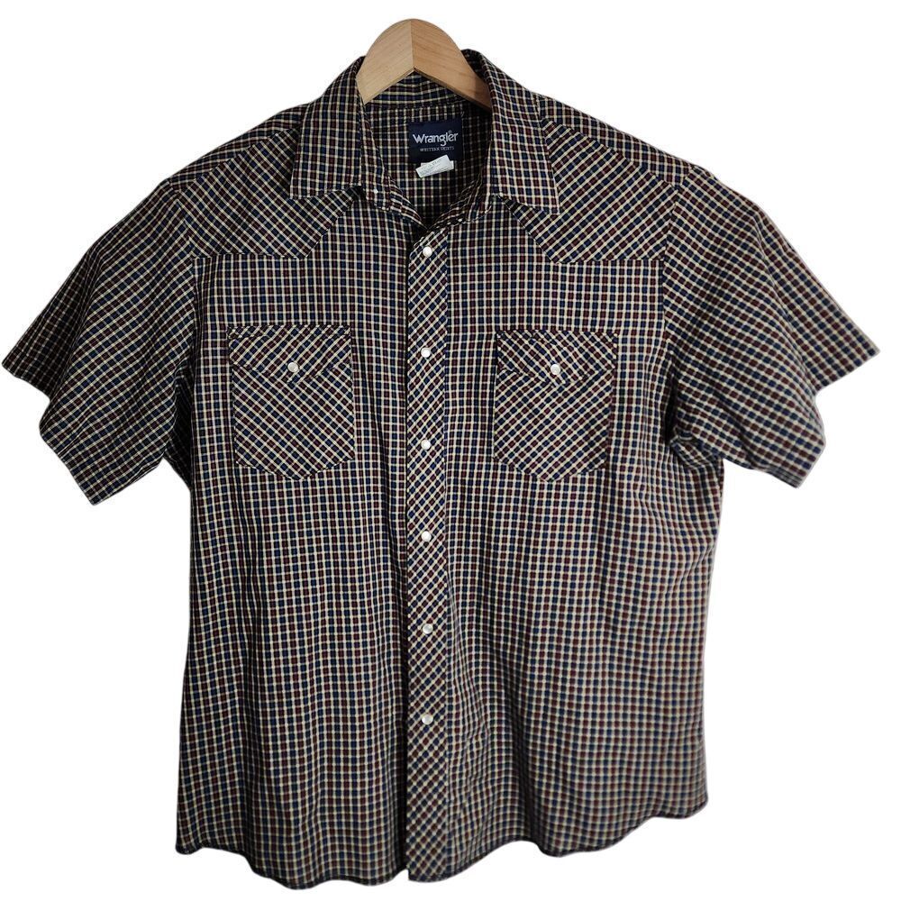 Wrangler Pearl Snap Men's XL‎ Western Plaid Button Up Short Sleeve Blue Red